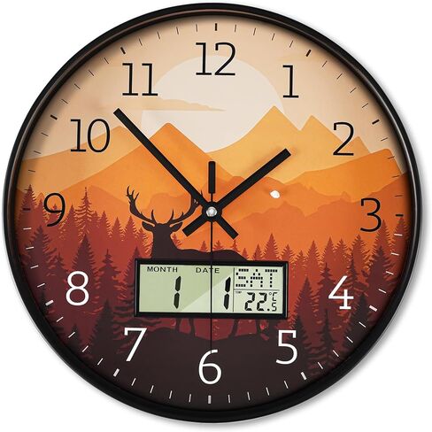 Maxstar Modern Wall Clock with Digital Day Week Temperature Display with Moose Pattern Non-Ticking Battery Operated Calendar and Date for Kitchen Farmhouse Bathroom Office 12inch in Saudi Arabia