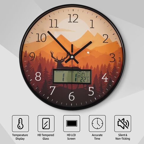 Maxstar Modern Wall Clock with Digital Day Week Temperature Display with Moose Pattern Non-Ticking Battery Operated Calendar and Date for Kitchen Farmhouse Bathroom Office 12inch in Saudi Arabia