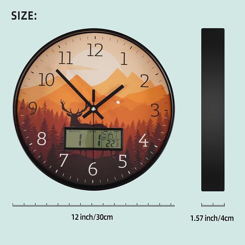 Maxstar Modern Wall Clock with Digital Day Week Temperature Display with Moose Pattern Non-Ticking Battery Operated Calendar and Date for Kitchen Farmhouse Bathroom Office 12inch in Saudi Arabia