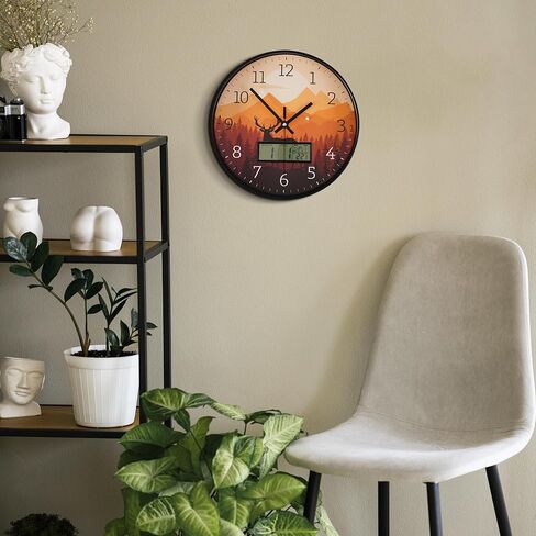 Maxstar Modern Wall Clock with Digital Day Week Temperature Display with Moose Pattern Non-Ticking Battery Operated Calendar and Date for Kitchen Farmhouse Bathroom Office 12inch in Saudi Arabia