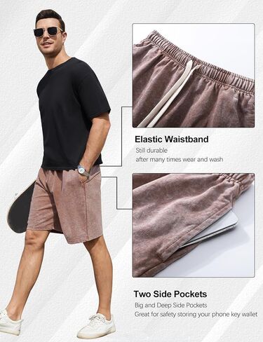 Flygo Mens Sweat Shorts Athletic Acid Washed Cotton Gym Short Elastic Waist Drawstring Workout Jogger Pants with Pockets in Saudi Arabia