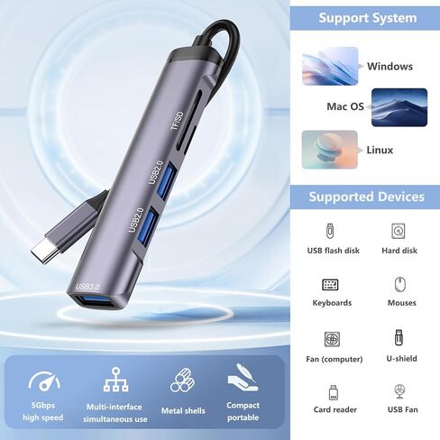محور USB C، محطة إرساء 5 في 1 محول متعدد المنافذ مع منفذ USB 3.0، منفذ USB-C/PD، منفذ قارئ بطاقات SD/Micro SD (TF)، محول USB C من النوع C لأجهزة الكمبيوتر المحمولة Dock Dongle متوافق مع MacBook Pro Air iPad in Saudi Arabia
