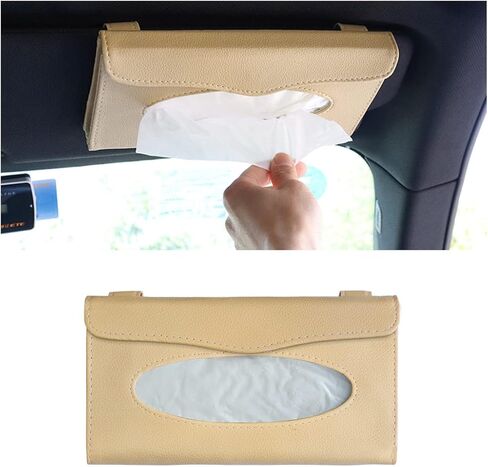 حامل مناديل السيارة، صندوق مناديل ظلة من جلد البولي يوريثان الفاخر للسيارة، منظم جيب للمناديل الواقي من الشمس، موزع أقنعة حامل مناديل المقعد الخلفي، مناديل سهلة الاستخدام، ملحقات السيارة (أسود/بيج) in Kuwait