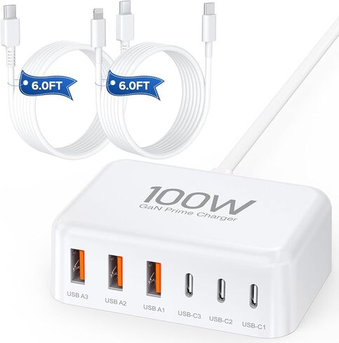 USB C Fast Charger 100W GaN 6 Port Charging Station Block Hub 3 USB C and 3 QC USB A Wall Charger Adapter Plug with 2Pack 6FT Fast Charging Cable for iPad iPhone 15 14 13 12 Pro Max Pixel Note Galaxy in Kuwait