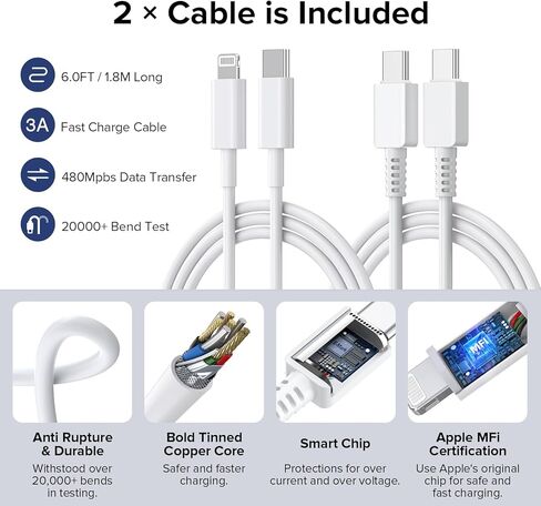 USB C Fast Charger 100W GaN 6 Port Charging Station Block Hub 3 USB C and 3 QC USB A Wall Charger Adapter Plug with 2Pack 6FT Fast Charging Cable for iPad iPhone 15 14 13 12 Pro Max Pixel Note Galaxy in Kuwait