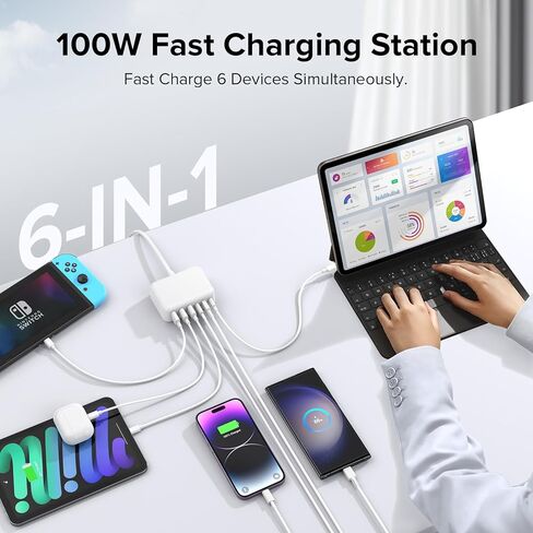 USB C Fast Charger 100W GaN 6 Port Charging Station Block Hub 3 USB C and 3 QC USB A Wall Charger Adapter Plug with 2Pack 6FT Fast Charging Cable for iPad iPhone 15 14 13 12 Pro Max Pixel Note Galaxy in Kuwait