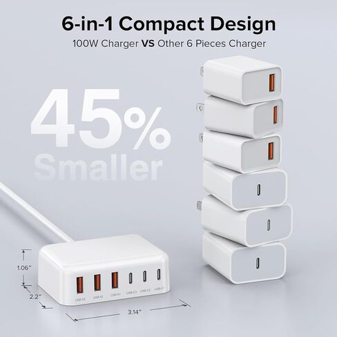USB C Fast Charger 100W GaN 6 Port Charging Station Block Hub 3 USB C and 3 QC USB A Wall Charger Adapter Plug with 2Pack 6FT Fast Charging Cable for iPad iPhone 15 14 13 12 Pro Max Pixel Note Galaxy in Kuwait