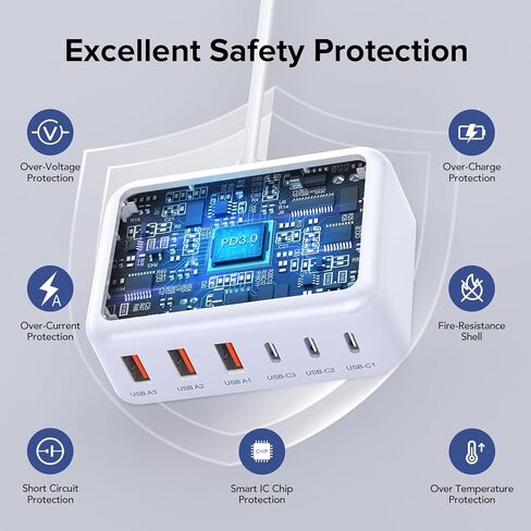 USB C Fast Charger 100W GaN 6 Port Charging Station Block Hub 3 USB C and 3 QC USB A Wall Charger Adapter Plug with 2Pack 6FT Fast Charging Cable for iPad iPhone 15 14 13 12 Pro Max Pixel Note Galaxy in Kuwait