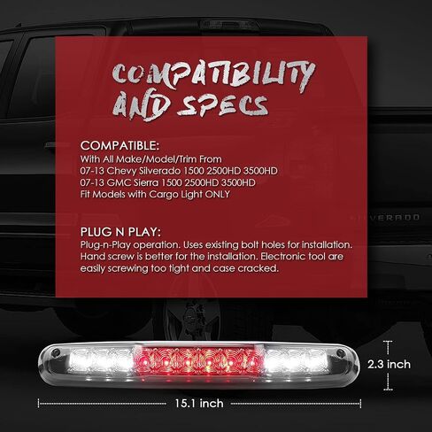 High Mount 3rd Stop Light Assemblies, Compatible with 2007-2013 Chevy Silverado/GMC Sierra 1500 2500HD 3500HD Third Center Cargo Reverse Rear LED Brake Light Bar Taillight (Chrome) in Saudi Arabia