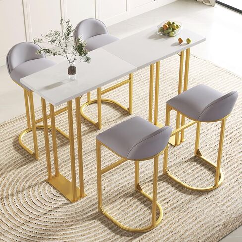 Merax 5 Pcs Bar Table and Chairs Set, Industrial Kitchen Counter Height Tabletop with 4 Velvet Cushion Stools Space-Saving Furniture for Patio & Dining Room, Grey-White in Saudi Arabia