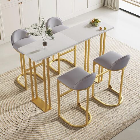 Merax 5 Pcs Bar Table and Chairs Set, Industrial Kitchen Counter Height Tabletop with 4 Velvet Cushion Stools Space-Saving Furniture for Patio & Dining Room, Grey-White in Saudi Arabia