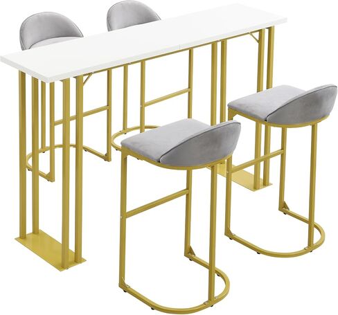 Merax 5 Pcs Bar Table and Chairs Set, Industrial Kitchen Counter Height Tabletop with 4 Velvet Cushion Stools Space-Saving Furniture for Patio & Dining Room, Grey-White in Saudi Arabia