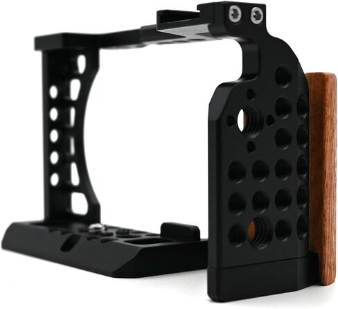 Camera Cage with Wood Handgrip Compatible for Sony Alpha A6400 A6300 A6000 A6100 Cameas with Cold Shoe,Handle Locating Holes,Multiple 1/4" 3/8" Screw Holes Photography Vlogging Shooting Rig in Saudi Arabia