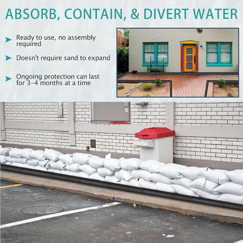 7 Pieces Water Barrier Set 5 Pcs 5 ft x 6.5 Inch Flood Barriers 2 Pcs 10 ft x 6.5 Inch Reusable Water Absorber Sandless Sand Bags for Home Rain Flooding Garage Basement Door Protection, Black in Kuwait