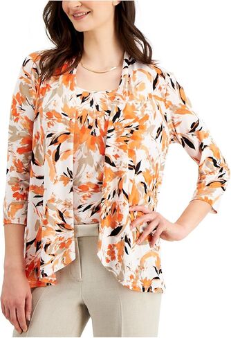 سترة نسائية من Kasper بتصميم زهور نباتية من البولي بيكيه ورقبة مكشكشة ومتماسكة in Kuwait