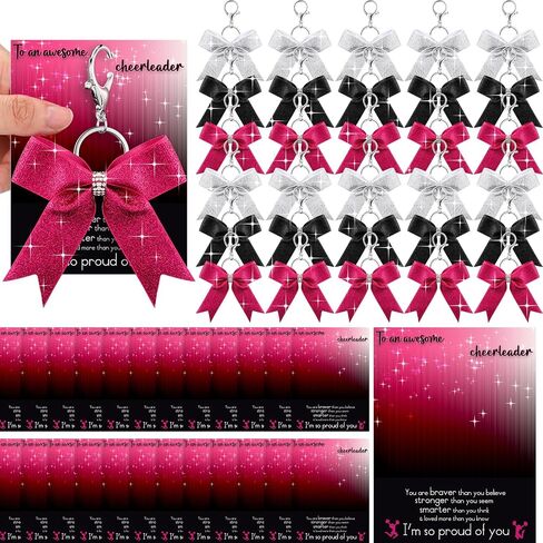 30 Pcs Cheer Bow Keychains Bulk Glitter Cheer Keychain with Card Rhinestones Cheerleader Keyrings for Teen Girls Women Team Cheerleading Gifts Sports Accessory Teammates Party Favors, 3 Colors in Saudi Arabia