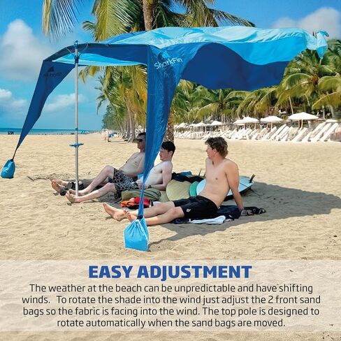 SHARK FIN SHADE Beach Tent Wind Sun Canopy Portable Easy Set Up UPF 50+ No Assembly Required 3-30 MPH - 1 to 8 People - Tie Downs Included - 2 Sizes Large 9' X 10' & Giant 13.5' X 10' PATENTS PENDING in Saudi Arabia
