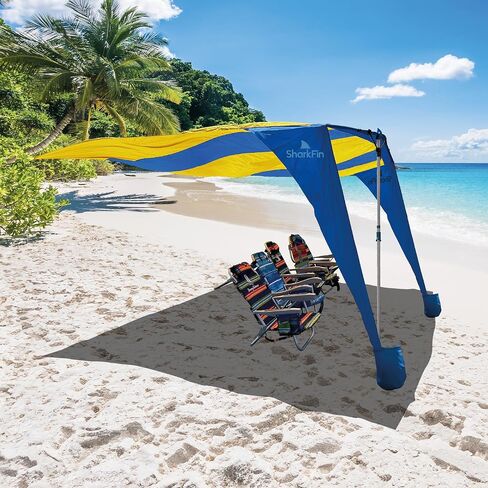 SHARK FIN SHADE Beach Tent Wind Sun Canopy Portable Easy Set Up UPF 50+ No Assembly Required 3-30 MPH - 1 to 8 People - Tie Downs Included - 2 Sizes Large 9' X 10' & Giant 13.5' X 10' PATENTS PENDING in Saudi Arabia