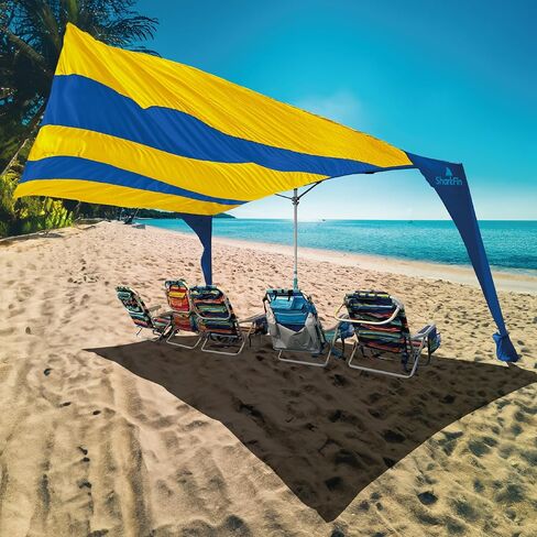 SHARK FIN SHADE Beach Tent Wind Sun Canopy Portable Easy Set Up UPF 50+ No Assembly Required 3-30 MPH - 1 to 8 People - Tie Downs Included - 2 Sizes Large 9' X 10' & Giant 13.5' X 10' PATENTS PENDING in Saudi Arabia