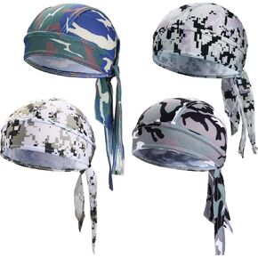 Chuangdi Do Rag Skull Caps for Men Sweat Wicking Beanie Cap Quick Drying Pirate Hats Pirate Bandana for Women (Camouflage Caps, 4 Packs)