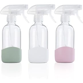 HOMBYS 8 Oz Empty Clear Glass Spray Bottles with Silicone Sleeve Protection Refillable Containers for Cleaning Solutions, Essential Oils, Misting Plants - Quality Sprayer - 3 Pack Boston Bottles