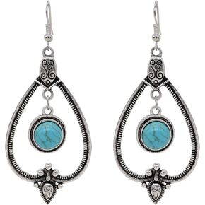 Retro Ethnic Geometry Turquoise Dangle Earring Antique Gypsy Pear Shaped Drop Statement Earring for Women Girls Jewelry Gift