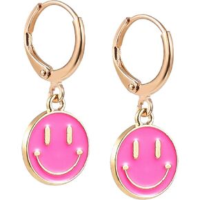 Preppy Earrings for Teen Girls Women Smile Face Charms Pendant Gold Small Huggie Hoop Dangle Drop Earrings Trendy Jewelry Gifts in Saudi Arabia