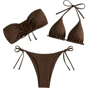 SweatyRocks Women's 3 Piece Bikini Set Drawstring Cut Out Halter Triangle Bikini Swimsuit