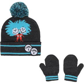 Dr. Seuss Thing 1 and Thing 2 Youth Cuffed Pom Beanie and Gloves Set Black