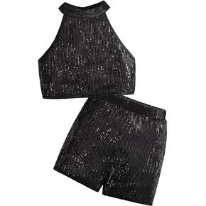 WDIRARA Girl's 2 Piece Outfits Contrast Sequins Halter Neck Sleeveless Party Blouse Top and Shorts Sets