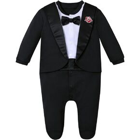 A&J DESIGN Baby Boy Tuxedo Gentleman Footie رومبير قطعة واحدة مع ربطة عنق لحديثي الولادة - 9 أشهر