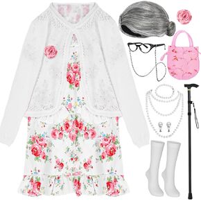 MGparty 100th Day of School Costume for Girls, Old Lady Costume for Kids, Granma Cosplay Dress Up Accessories
