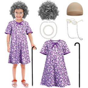 Old Lady Costume for Kids, 100 Day of School Cosplay Set Black White Curly Wig Glasses Wig Cap Cane Necklace Bracelet