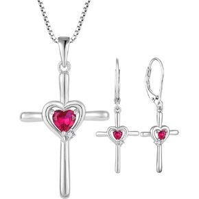 JIWOY الصليب قلادة 925 فضة قلادة دينية الصليب أقراط خلق روبي طقم مجوهرات للنساء in Kuwait