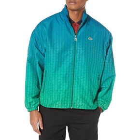 Lacoste Men's Long Sleeve AOP L Full Zip Hoodless Blouson Jacket W/Arm Stripes & Large Croc Back Graphic