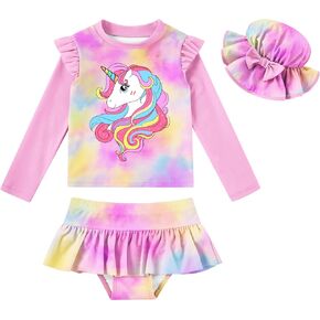 Cutemile Little Girls Rash Guard Set 3 Piece Swimsuit with Hat UPF 50+ Long Sleeve Swimwear 1-6 Years