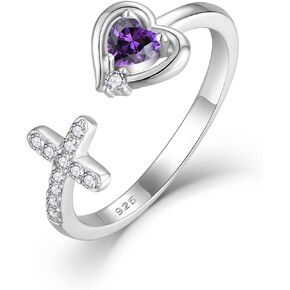 Women's Cross Ring 925 Sterling Silver Heart Rings Birthstone Open Rings Christian Baptism Gift Size 6-9