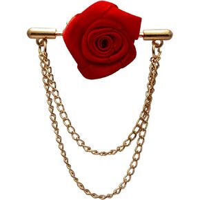 Lapel Pin for Men Red Rose with Double Hanging Chain Brooch Suit Stud, Shirt Studs Men's Accessories