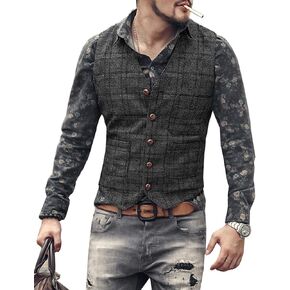Mens Vintage Suit Vest Plaid Tweed Regular Fit Waistcoat for Wedding Groomsmen