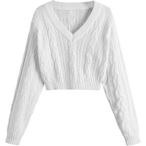 Verdusa Girl's Drop Shoulder V Neck Cable Knit Sweater Crop Pullovers