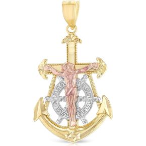 14K Tri Color Gold Jesus Crucifix Anchor Religious Charm Medium Pendant For Necklace or Chain