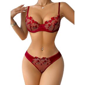 Lilosy Sexy Floral Embroidered Flower Mesh Underwire Push Up Lingerie Set
