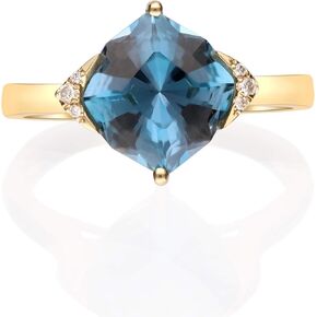 Gin & Grace 14K Yellow Gold Genuine London Blue Topaz Ring with Diamonds for women | Ethically, authentically & organically sourced (Cushion -cut) shaped London Blue Topaz hand-crafted jewelry for her | London Blue Topaz Ring for women in Saudi Arabia