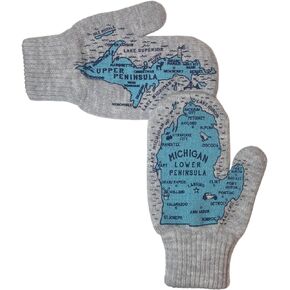Original Mitten Pair with Upper and Lower Peninsula and Great Lakes Map, Grey Acrylic Knit for Men and Women, Made in USA