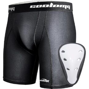 COOLOMG Youth Boys Compression Shorts with Protective Cup Sliding Underwear for Baseball Football Lacrosse Hockey