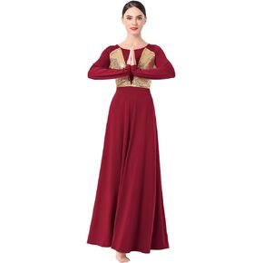 IBAKOM Praise Dance Dress for Women Gold Shiny Sequins Liturgical Worship Dance Loose Fit Full Length Church Prayer Clothes
