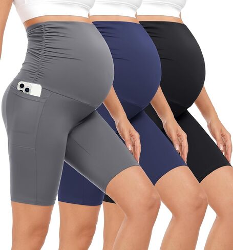 3 Pack Maternity Shorts Over The Belly Pregnancy Biker Shorts Workout Yoga Active Pregnant Pants Pajama with Pockets in Saudi Arabia