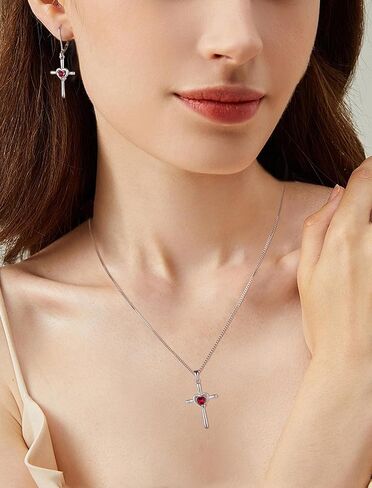 JIWOY الصليب قلادة 925 فضة قلادة دينية الصليب أقراط خلق روبي طقم مجوهرات للنساء in Kuwait