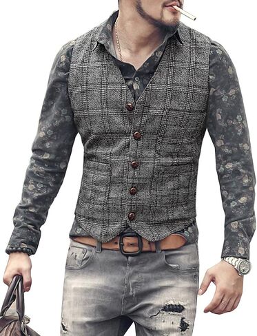 Mens Vintage Suit Vest Plaid Tweed Regular Fit Waistcoat for Wedding Groomsmen in Saudi Arabia