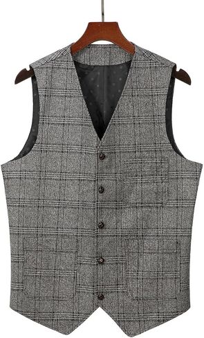 Mens Vintage Suit Vest Plaid Tweed Regular Fit Waistcoat for Wedding Groomsmen in Saudi Arabia